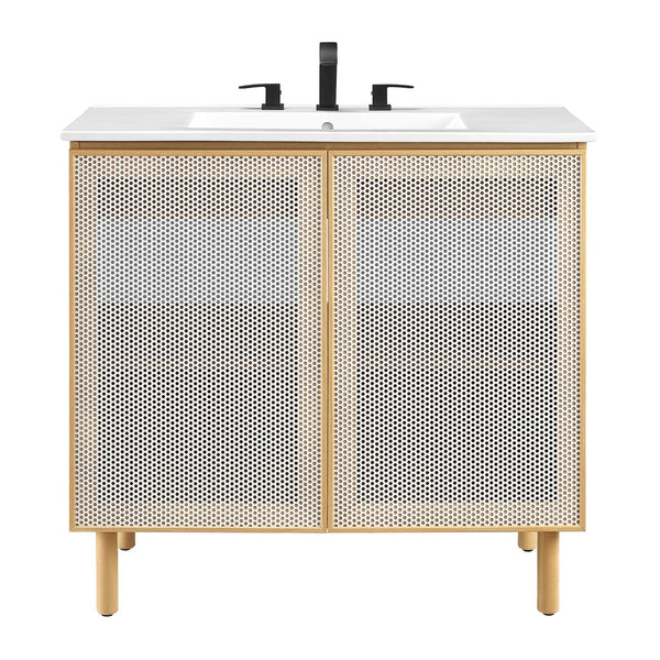 Modway Furniture Calla 36" Modern Bathroom Vanity with Perforated Metal Doors and Ceramic Sink for Small Spaces White Oak EEI-6678-WHI-OAK