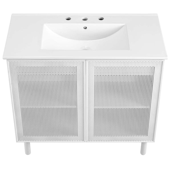 Modway Furniture Calla 36" Modern Bathroom Vanity with Perforated Metal Doors and Ceramic Sink for Small Spaces White White EEI-6678-WHI-WHI