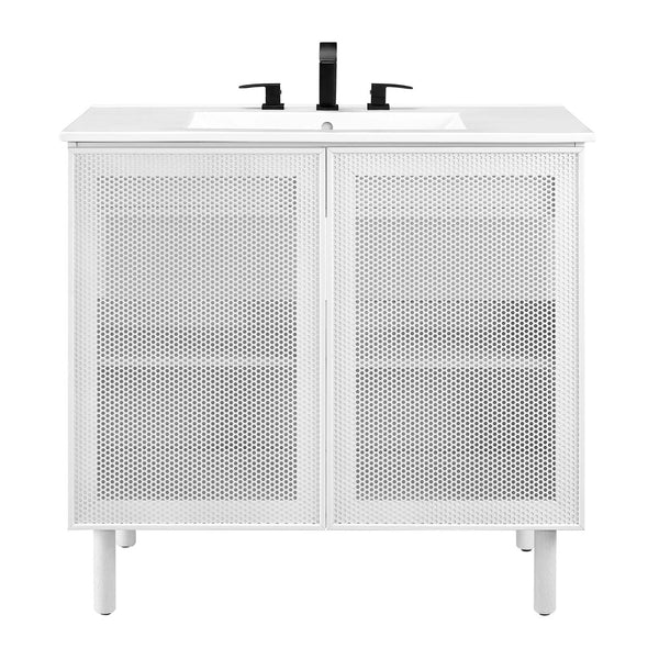 Modway Furniture Calla 36" Modern Bathroom Vanity with Perforated Metal Doors and Ceramic Sink for Small Spaces White White EEI-6678-WHI-WHI