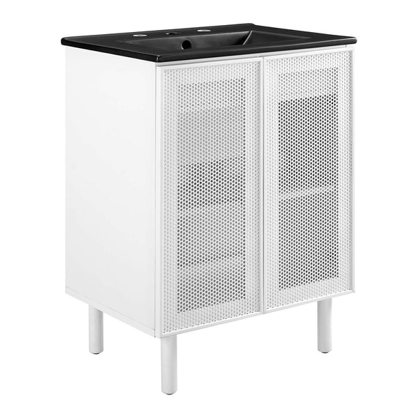 Modway Furniture Calla 24" Modern Perforated Metal Bathroom Vanity with Ceramic Sink & Adjustable Storage Solutions EEI-6679-BLK-WHI