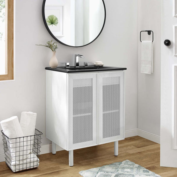 Modway Furniture Calla 24" Modern Perforated Metal Bathroom Vanity with Ceramic Sink & Adjustable Storage Solutions EEI-6679-BLK-WHI