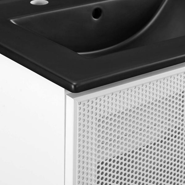 Modway Furniture Calla 24" Modern Perforated Metal Bathroom Vanity with Ceramic Sink & Adjustable Storage Solutions EEI-6679-BLK-WHI