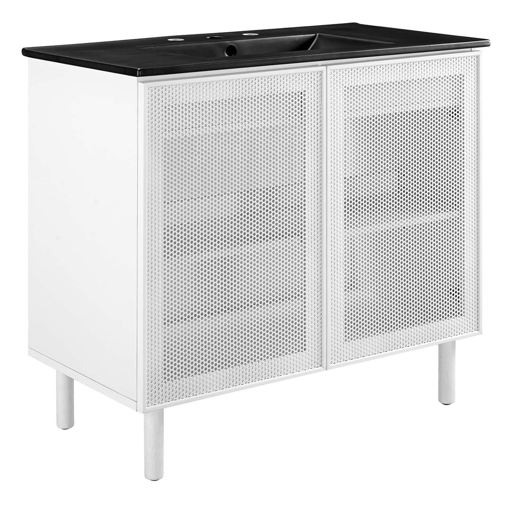 Modway Furniture Calla 36" Modern Perforated Metal Bathroom Vanity with Adjustable Shelves & Sleek Design in Black EEI-6680-BLK-WHI
