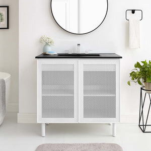Modway Furniture Calla 36" Modern Perforated Metal Bathroom Vanity with Adjustable Shelves & Sleek Design in Black EEI-6680-BLK-WHI