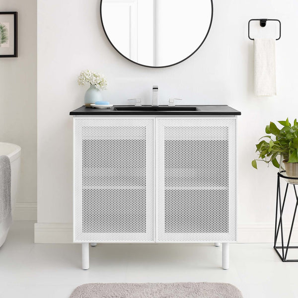 Modway Furniture Calla 36" Modern Perforated Metal Bathroom Vanity with Adjustable Shelves & Sleek Design in Black EEI-6680-BLK-WHI