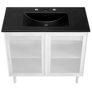 Modway Furniture Calla 36" Modern Perforated Metal Bathroom Vanity with Adjustable Shelves & Sleek Design in Black EEI-6680-BLK-WHI
