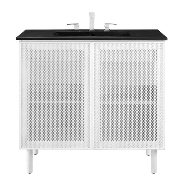 Modway Furniture Calla 36" Modern Perforated Metal Bathroom Vanity with Adjustable Shelves & Sleek Design in Black EEI-6680-BLK-WHI