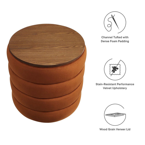 Modway Furniture Mezzo Round Performance Velvet Storage Ottoman - Chic, Functional Accent with Hidden Storage Compartment Rust EEI-6684-RUS