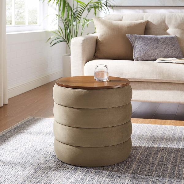 Modway Furniture Mezzo Round Performance Velvet Storage Ottoman - Chic, Functional Accent with Hidden Storage Compartment Taupe EEI-6684-TAU