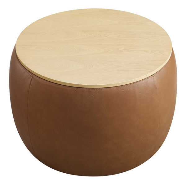 Modway Furniture Perla Round Vegan Leather Ottoman - Chic Storage Solution & Stylish Accent for Modern Homes EEI-6687-TAN