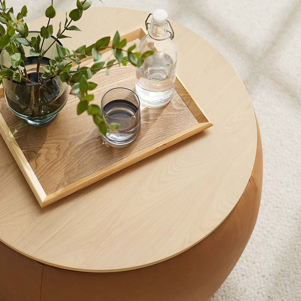 Modway Furniture Perla Round Vegan Leather Ottoman - Chic Storage Solution & Stylish Accent for Modern Homes EEI-6687-TAN