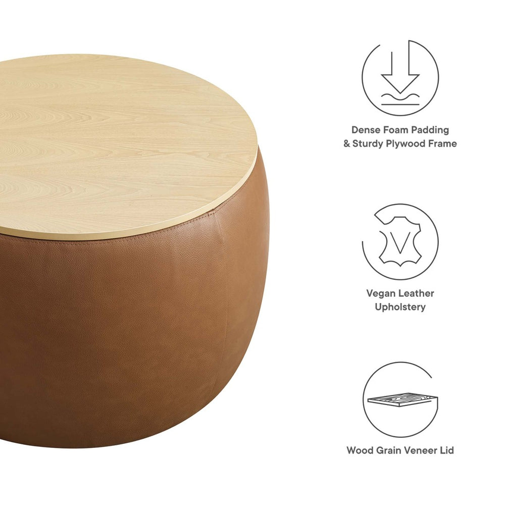 Modway Furniture Perla Round Vegan Leather Ottoman - Chic Storage Solution & Stylish Accent for Modern Homes EEI-6687-TAN