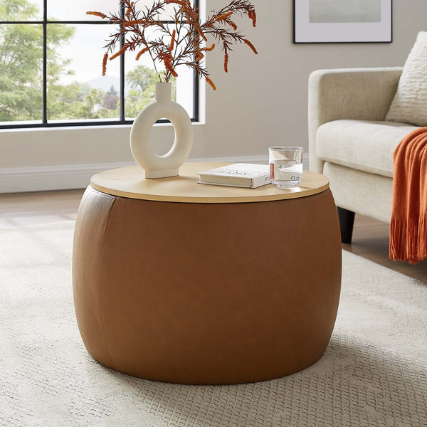 Modway Furniture Perla Round Vegan Leather Ottoman - Chic Storage Solution & Stylish Accent for Modern Homes EEI-6687-TAN