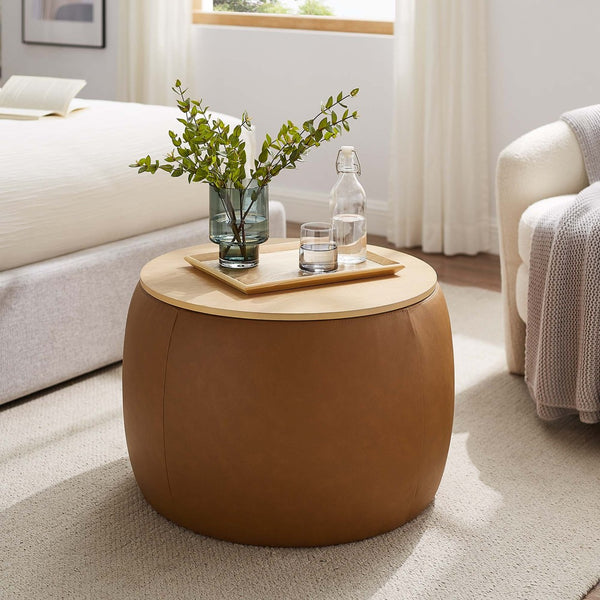 Modway Furniture Perla Round Vegan Leather Ottoman - Chic Storage Solution & Stylish Accent for Modern Homes EEI-6687-TAN