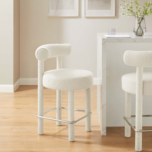 Modway Furniture Toulouse Boucle Counter Stool Set of 2 - Luxurious Ivory Fabric, Modern Design & Comfort Perfected EEI-6707-IVO-SLV