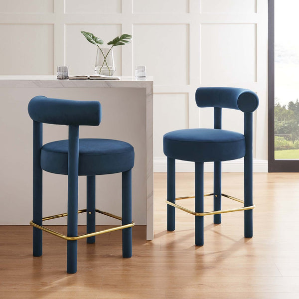Modway Furniture Toulouse Velvet Counter Stool Set of 2 - Luxurious Midnight Blue Design with Solid Metal Legs EEI-6708-MID-GLD