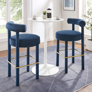 Modway Furniture Toulouse Velvet Bar Stool Set of 2 - Luxurious Midnight Blue, Ergonomic Comfort & Glam Style EEI-6710-MID-GLD