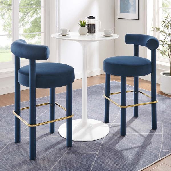 Modway Furniture Toulouse Velvet Bar Stool Set of 2 - Luxurious Midnight Blue, Ergonomic Comfort & Glam Style EEI-6710-MID-GLD
