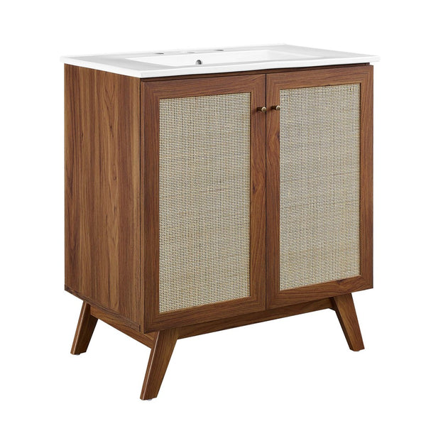 Modway Furniture Soma 30" Bathroom Vanity - Modern Walnut Finish with Rattan Doors & Integrated Ceramic Sink Design EEI-6715-WAL-WHI