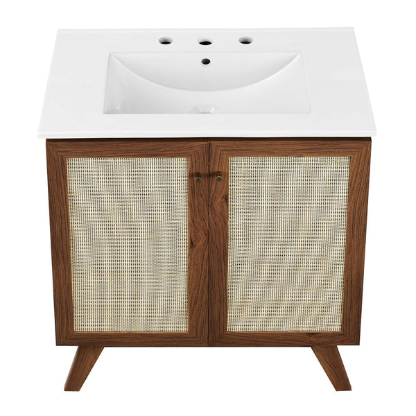 Modway Furniture Soma 30" Bathroom Vanity - Modern Walnut Finish with Rattan Doors & Integrated Ceramic Sink Design EEI-6715-WAL-WHI