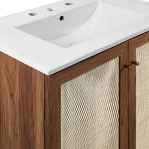 Modway Furniture Soma 30" Bathroom Vanity - Modern Walnut Finish with Rattan Doors & Integrated Ceramic Sink Design EEI-6715-WAL-WHI