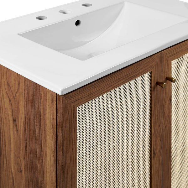 Modway Furniture Soma 30" Bathroom Vanity - Modern Walnut Finish with Rattan Doors & Integrated Ceramic Sink Design EEI-6715-WAL-WHI