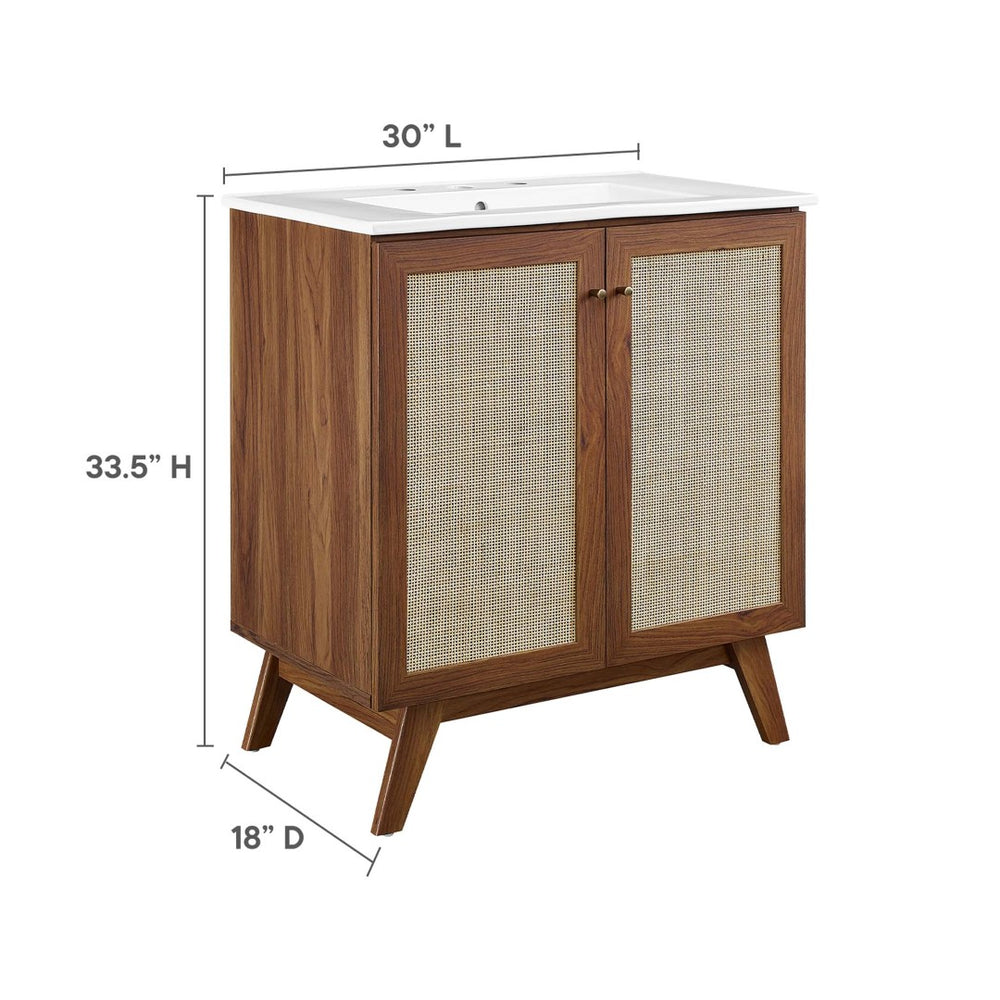 Modway Furniture Soma 30" Bathroom Vanity - Modern Walnut Finish with Rattan Doors & Integrated Ceramic Sink Design EEI-6715-WAL-WHI