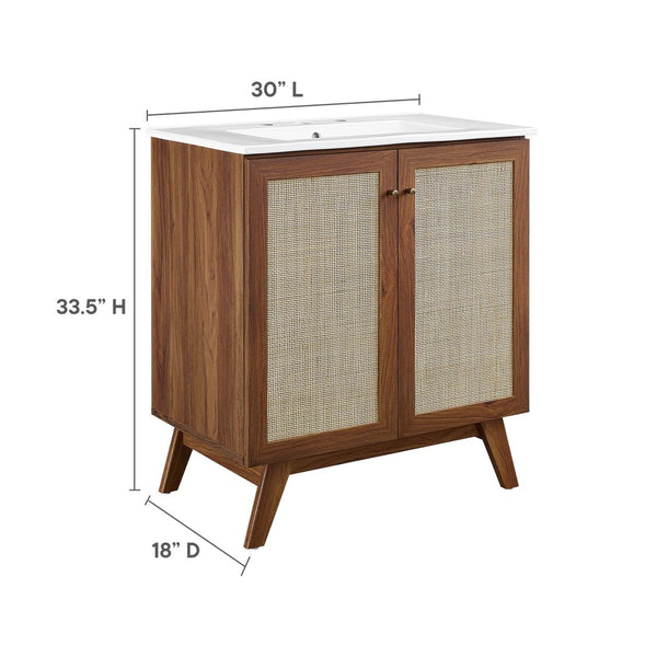 Modway Furniture Soma 30" Bathroom Vanity - Modern Walnut Finish with Rattan Doors & Integrated Ceramic Sink Design EEI-6715-WAL-WHI