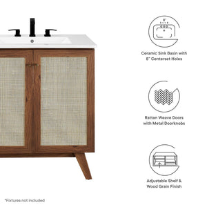 Modway Furniture Soma 30" Bathroom Vanity - Modern Walnut Finish with Rattan Doors & Integrated Ceramic Sink Design EEI-6715-WAL-WHI