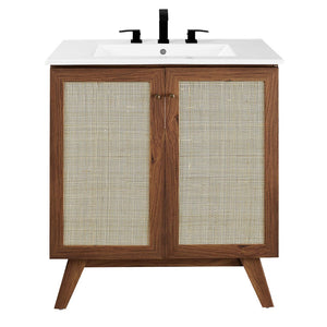 Modway Furniture Soma 30" Bathroom Vanity - Modern Walnut Finish with Rattan Doors & Integrated Ceramic Sink Design EEI-6715-WAL-WHI