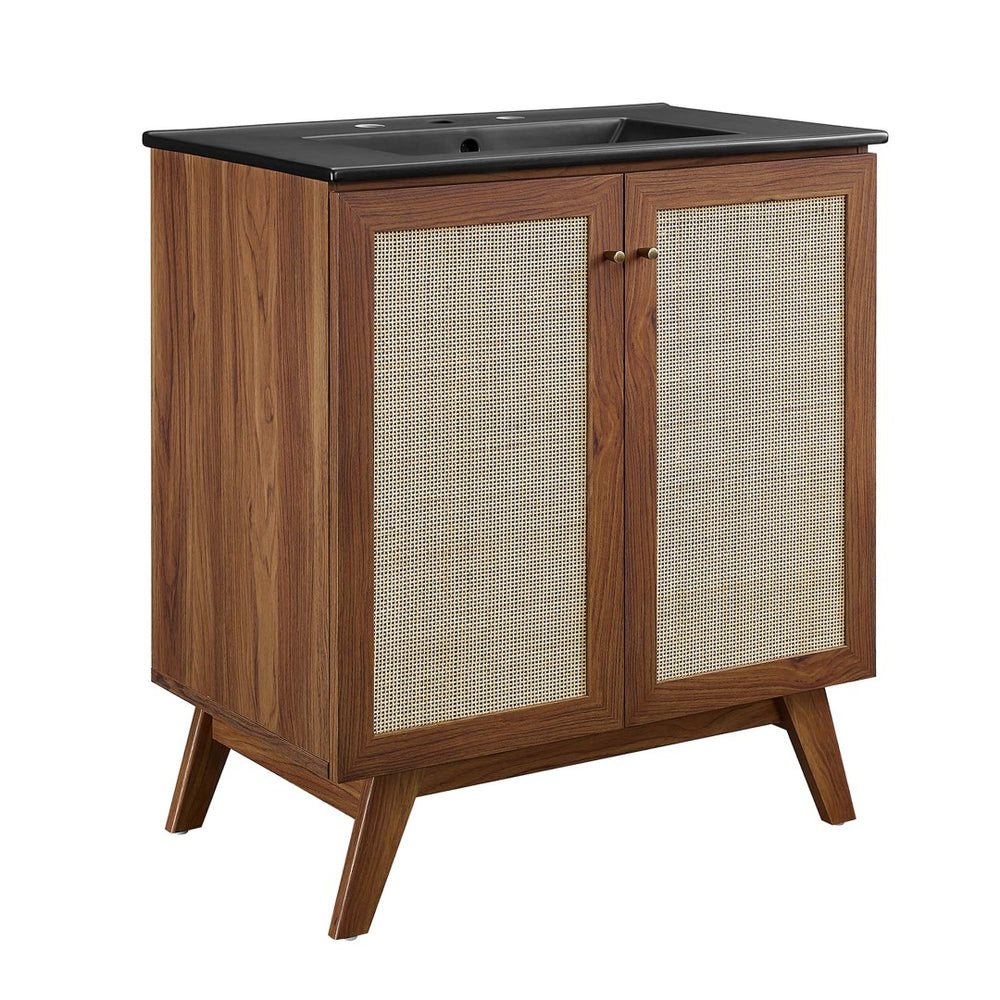 Modway Furniture Soma 30" Bathroom Vanity with Rattan-Weave Doors and Integrated Sink - Walnut Finish for Small Spaces EEI-6716-WAL-BLK