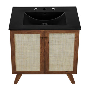 Modway Furniture Soma 30" Bathroom Vanity with Rattan-Weave Doors and Integrated Sink - Walnut Finish for Small Spaces EEI-6716-WAL-BLK
