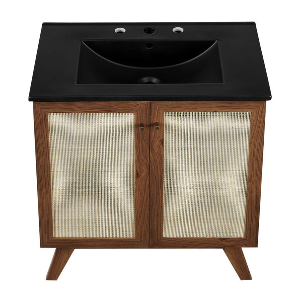 Modway Furniture Soma 30" Bathroom Vanity with Rattan-Weave Doors and Integrated Sink - Walnut Finish for Small Spaces EEI-6716-WAL-BLK