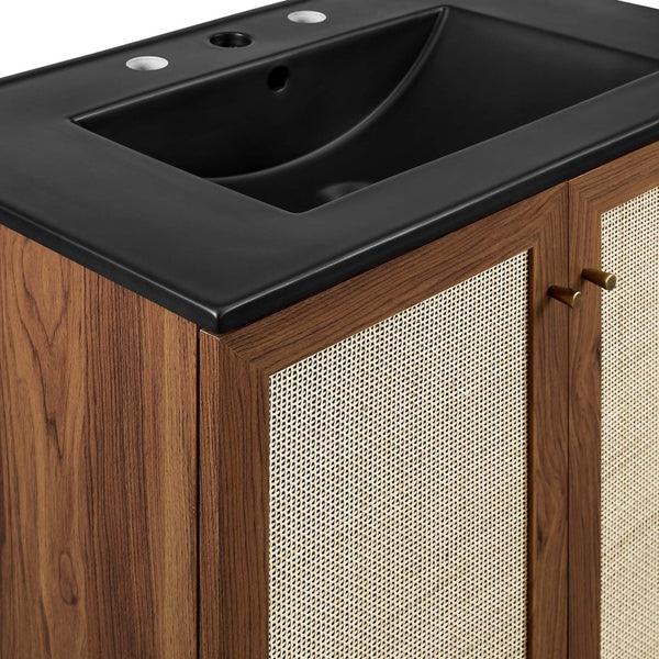 Modway Furniture Soma 30" Bathroom Vanity with Rattan-Weave Doors and Integrated Sink - Walnut Finish for Small Spaces EEI-6716-WAL-BLK