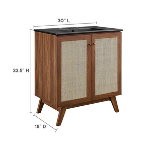 Modway Furniture Soma 30" Bathroom Vanity with Rattan-Weave Doors and Integrated Sink - Walnut Finish for Small Spaces EEI-6716-WAL-BLK