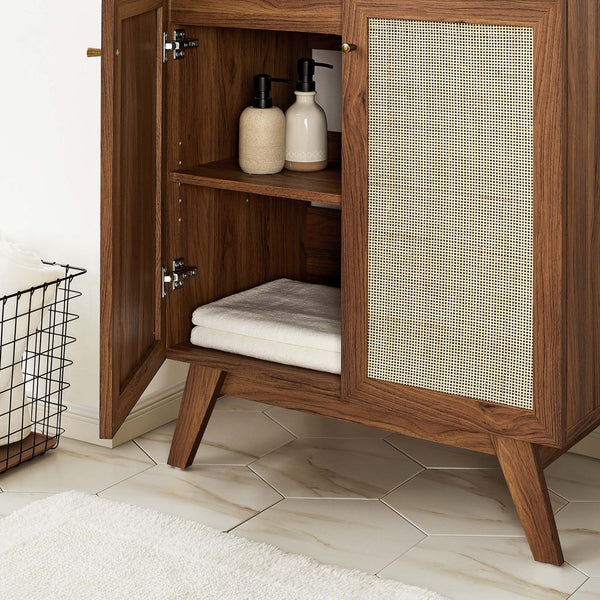 Modway Furniture Soma 30" Bathroom Vanity with Rattan-Weave Doors and Integrated Sink - Walnut Finish for Small Spaces EEI-6716-WAL-BLK