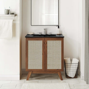 Modway Furniture Soma 30" Bathroom Vanity with Rattan-Weave Doors and Integrated Sink - Walnut Finish for Small Spaces EEI-6716-WAL-BLK