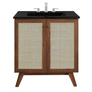 Modway Furniture Soma 30" Bathroom Vanity with Rattan-Weave Doors and Integrated Sink - Walnut Finish for Small Spaces EEI-6716-WAL-BLK