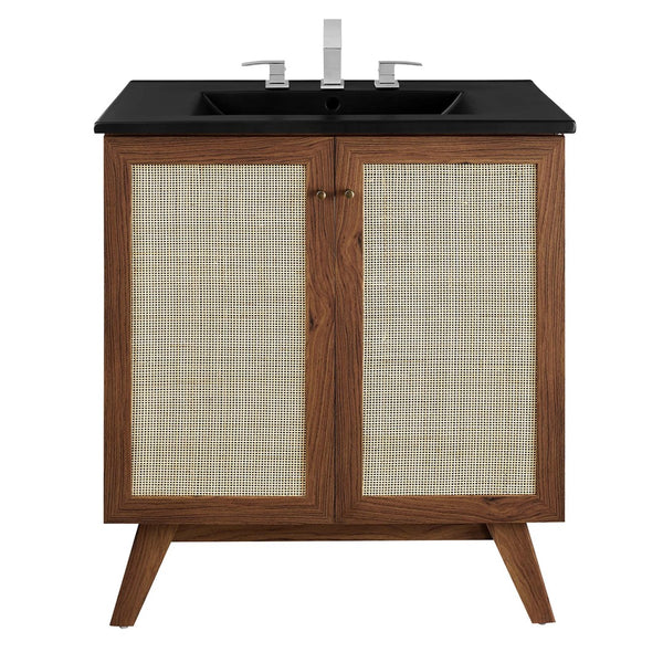 Modway Furniture Soma 30" Bathroom Vanity with Rattan-Weave Doors and Integrated Sink - Walnut Finish for Small Spaces EEI-6716-WAL-BLK