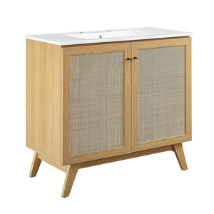 Modway Furniture Soma 36" Bathroom Vanity - Modern Rattan-Weave, Soft-Close Doors & Elegant Gold Accents for Style Oak White EEI-6717-OAK-WHI