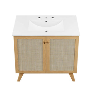 Modway Furniture Soma 36" Bathroom Vanity - Modern Rattan-Weave, Soft-Close Doors & Elegant Gold Accents for Style Oak White EEI-6717-OAK-WHI