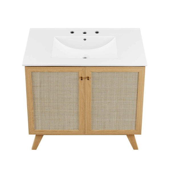 Modway Furniture Soma 36" Bathroom Vanity - Modern Rattan-Weave, Soft-Close Doors & Elegant Gold Accents for Style Oak White EEI-6717-OAK-WHI