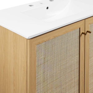 Modway Furniture Soma 36" Bathroom Vanity - Modern Rattan-Weave, Soft-Close Doors & Elegant Gold Accents for Style Oak White EEI-6717-OAK-WHI