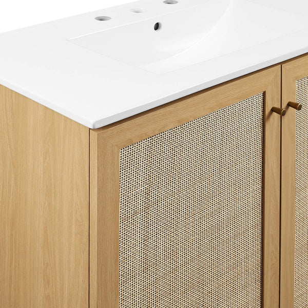 Modway Furniture Soma 36" Bathroom Vanity - Modern Rattan-Weave, Soft-Close Doors & Elegant Gold Accents for Style Oak White EEI-6717-OAK-WHI