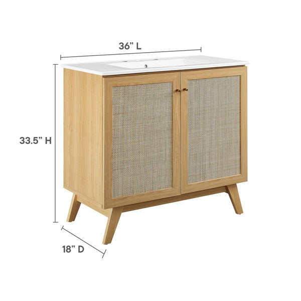 Modway Furniture Soma 36" Bathroom Vanity - Modern Rattan-Weave, Soft-Close Doors & Elegant Gold Accents for Style Oak White EEI-6717-OAK-WHI