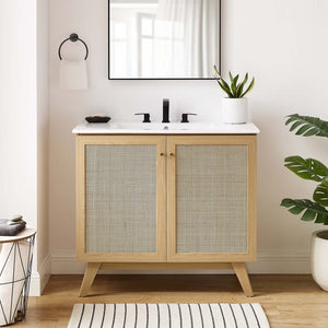 Modway Furniture Soma 36" Bathroom Vanity - Modern Rattan-Weave, Soft-Close Doors & Elegant Gold Accents for Style Oak White EEI-6717-OAK-WHI