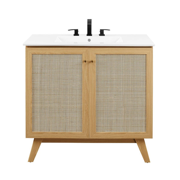 Modway Furniture Soma 36" Bathroom Vanity - Modern Rattan-Weave, Soft-Close Doors & Elegant Gold Accents for Style Oak White EEI-6717-OAK-WHI