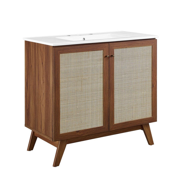 Modway Furniture Soma 36" Bathroom Vanity - Modern Rattan-Weave, Soft-Close Doors & Elegant Gold Accents for Style Walnut White EEI-6717-WAL-WHI