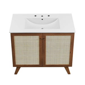 Modway Furniture Soma 36" Bathroom Vanity - Modern Rattan-Weave, Soft-Close Doors & Elegant Gold Accents for Style Walnut White EEI-6717-WAL-WHI