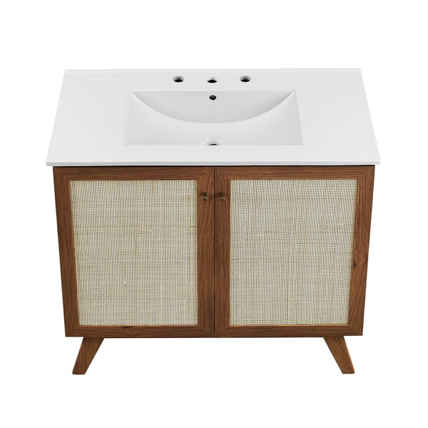 Modway Furniture Soma 36" Bathroom Vanity - Modern Rattan-Weave, Soft-Close Doors & Elegant Gold Accents for Style Walnut White EEI-6717-WAL-WHI